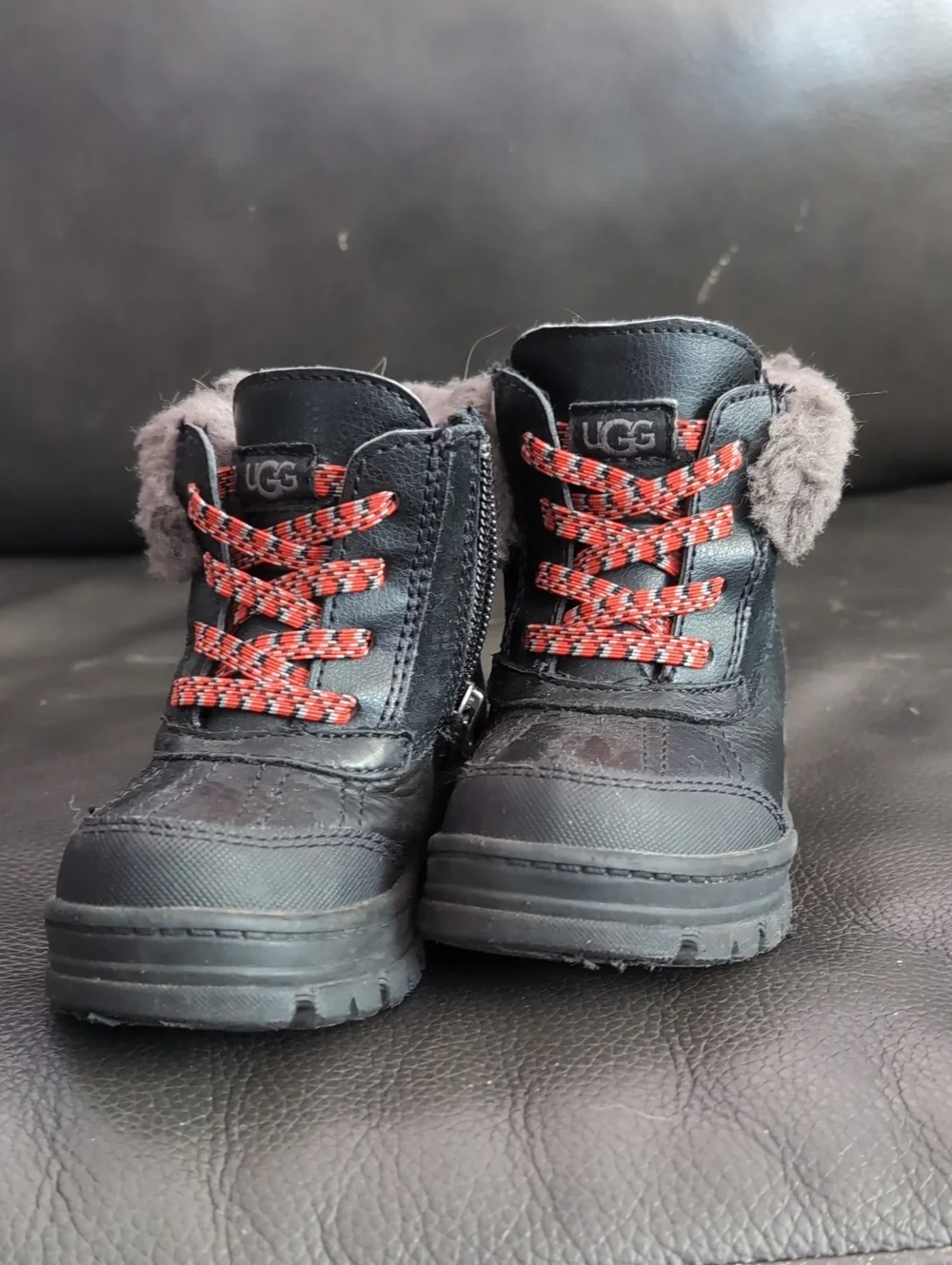 Kids Toddler Shoes UGG Black Boots with Red Accent Laces and Gray Faux Fur